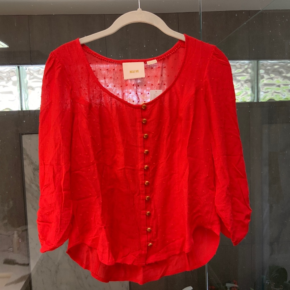Anthropologie Maeve Red Blouse Gold Buttons